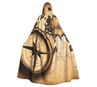 qqoupp Compass and Old World Map Prints Halloween Adult Hooded Cape Super Large Hooded Cloak with Bow Tie, No Zipper