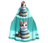 qqoupp Cute Stacking Cat Prints Halloween Adult Hooded Cape Super Large Hooded Cloak with Bow Tie, No Zipper