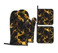 QQOUPP Gold Black Marble Printed Kitchen baking four-piece set Includes 2 Insulated Gloves and 2 Pot Lid Pads with Pockets anti-scalding and heat-insulating