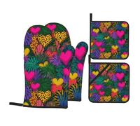 QQOUPP Jungle Of Love Printed Kitchen baking four-piece set Includes 2 Insulated Gloves and 2 Pot Lid Pads with Pockets anti-scalding and heat-insulating