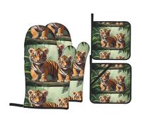 QQOUPP Jungle Tigers Cub Printed Kitchen baking four-piece set Includes 2 Insulated Gloves and 2 Pot Lid Pads with Pockets anti-scalding and heat-insulating