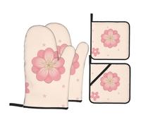 QQOUPP Little pink cherry blossoms Printed Kitchen baking four-piece set Includes 2 Insulated Gloves and 2 Pot Lid Pads with Pockets anti-scalding and heat-insulating