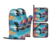 QQOUPP Loon Nature Bird Printed Kitchen baking four-piece set Includes 2 Insulated Gloves and 2 Pot Lid Pads with Pockets anti-scalding and heat-insulating