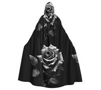 qqoupp Monochrome Rose Prints Halloween Adult Hooded Cape Super Large Hooded Cloak with Bow Tie, No Zipper