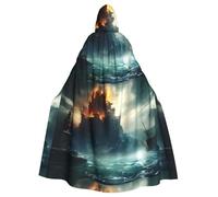 qqoupp Mysterious City in the Sea Prints Halloween Adult Hooded Cape Super Large Hooded Cloak with Bow Tie, No Zipper