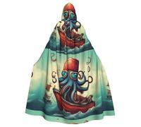 qqoupp Octopus and boat Prints Halloween Adult Hooded Cape Super Large Hooded Cloak with Bow Tie, No Zipper