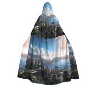 qqoupp Overlooking Hong Kong Prints Halloween Adult Hooded Cape Super Large Hooded Cloak with Bow Tie, No Zipper