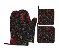 QQOUPP Red Bird Holly Berry Branches Printed Kitchen baking four-piece set Includes 2 Insulated Gloves and 2 Pot Lid Pads with Pockets anti-scalding and heat-insulating