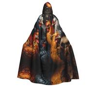 qqoupp roosters dressed in many colors Prints Halloween Adult Hooded Cape Super Large Hooded Cloak with Bow Tie, No Zipper