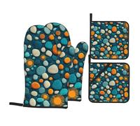 QQOUPP Sun The Beach With Pebbles Printed Kitchen baking four-piece set Includes 2 Insulated Gloves and 2 Pot Lid Pads with Pockets anti-scalding and heat-insulating