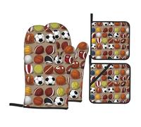 QQOUPP Various Sports Balls Printed Kitchen baking four-piece set Includes 2 Insulated Gloves and 2 Pot Lid Pads with Pockets anti-scalding and heat-insulating