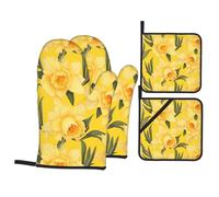 QQOUPP Yellow Daffodil Printed Kitchen baking four-piece set Includes 2 Insulated Gloves and 2 Pot Lid Pads with Pockets anti-scalding and heat-insulating