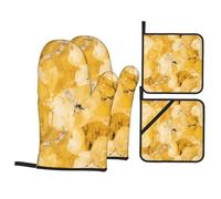 QQOUPP Yellow Marble Printed Kitchen baking four-piece set Includes 2 Insulated Gloves and 2 Pot Lid Pads with Pockets anti-scalding and heat-insulating