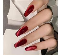 QQPPOLIU Red Press on Nails Coffin Shape Fake Nails Long False Nails with Cat Eye Design Glitter Glue on Nails for Women 24PCS