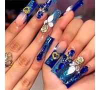 QQPPOLIU Royal Blue Press on Nails Long Length Square Shape Acrylic Fake Nails with Rhinestones Designs False Nails Mother'S Day Gift 24pcs