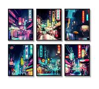 QQQDADA Japanese Wall Art Prints Set of 6 Japan Neon Posters Abstract Illustration Wall Decor Tokyo Night Streets Picture Canvas Art Painting for Living Room Bedroom Wall Art (8"x10" UNFRAMED)