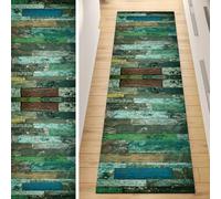 QQrunner Carpet Runner Non Slip, Runner Rug for Hallway Blue Green 50x150CM Wood Pattern Washable Home Decor Runners for Kitchen Corridor Living Room Door Mat with Rubber Backing, 40-120cm Width