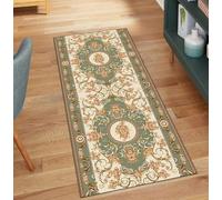 QQrunner Non Slip Runner Rug for Hallway Long Beige Green, Vintage 40x450CM Washable Mat for Home Decor Carpet Runner for Bedroom