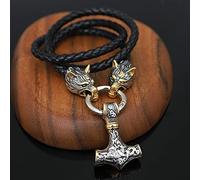 QQTQQ Viking Men's Thor's Hammer Necklace, Norse Mythology Mjolnir Amulet Pendant, Handmade Braided Leather Wolf Head Chain Jewelry,MixedGold-60CM
