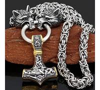 QQTQQ Viking Wolf Head Thor's Hammer Pendant Necklace for Men, Norse Mjolnir Heavy Stainless Steel Talisman Jewelry,Gold+silver-70cm