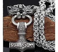 QQTQQ Viking Wolf Head Thor's Hammer Pendant Necklace for Men, Norse Mjolnir Heavy Stainless Steel Talisman Jewelry,Silver-70cm, Gold