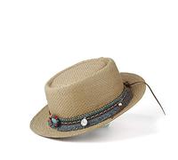 QQYG 2019 Retro Women Men Straw Sun Hat Summer Pork Pie Hat Sunbonnet Hat Lady Flat Boater Beach Panama Sunhat Beach Hat Size 57-60cm-Light_Coffee