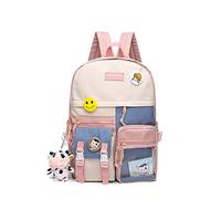 QQYG Kawaii pink girl backpack college student casual school bag lady school bag lady cute stitching backpack,Pink,With-Accessories