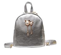 QQYG Mini backpack ladies PU leather shoulder bag girls and kids multi-function small backpack female ladies cat pearl backpack,Silver