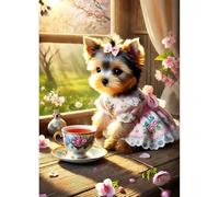 QQYRHN Puppy Diamond Painting Kits for Adults Beginners, 5D Yorkshire Terrier Diamond Art Kits, DIY Round Full Drill Coffee Gem Art with Painting Kits Relaxing Craft for Home Wall Decor 12x16 Inch