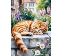 QQYRHN Sleeping Cat Diamond Painting Kits for Adults Beginners, 5D Wildflowers Diamond Art Kits, DIY Round Full Drill Garden Gem Art with Painting Kits Relaxing Craft Home Wall Decor 12 x 16 Inch