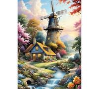 QQYRHN Village Scenery Diamond Painting Kits for Adults Beginners, 5D Windmills Diamond Art Kits, DIY Round Full Drill River Gem Art with Painting Kits Relaxing Craft for Home Wall Decor 12x16 Inch