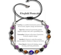 QqzsJewls Triple Protection Bracelet Blocking Negative Energy Black Tourmaline and Obsidian Bracelet for Women Men Gift for Him, Fivefold Protection, Nylon, No Gemstones