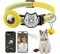 QR Code & AirTag Cat Collar Breakaway, Reflective Kitten Collar with Apple AirTag Holder, QR Pet ID Tag and Bell, 0.4 Inches Width Lightweight for Girl Boy Cats (Reflective Strip-Yellow)