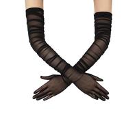 QRBTSCL Women's Stretchy Super Long Tulle Gloves Ruched Mesh Sheer Gloves for Evening Hallowmas Opera Party, Black, One Size