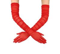 QRBTSCL Women's Stretchy Super Long Tulle Gloves Ruched Mesh Sheer Gloves for Evening Hallowmas Opera Party, Red, One Size