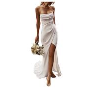 QREXVOG Women's Formal Dresses Suspender Light Wedding Dress Backless Dress Satin with Tail White