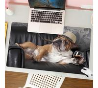 QRFASFZO Mouse Pad 31.5 × 12 inch Extended Large Mouse Mat Desk Pad, Stitched Edges Mousepad,Non-Slip Rubber Base,Happy lazy dog English Bulldog on a leather armchair sofa,Gaming Mouse Pad XL