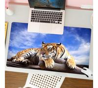 QRFASFZO Mouse Pad 31.5 × 12 inch Extended Large Mouse Mat Desk Pad, Stitched Edges Mousepad,Non-Slip Rubber Base,Tiger Sitting On Wood Under Blue Sky Wildlife View Stripes Predat,Gaming Mouse Pad XL