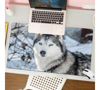 QRFASFZO Mouse Pad 31.5 × 12 inch Extended Large Mouse Mat Desk Pad, Stitched Edges Mousepad,Non-Slip Rubber Base,Huskies with blue eyes in snowy scenery,Husky stands in the snow,,Gaming Mouse Pad XL