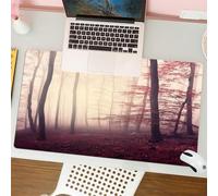 QRFASFZO Mouse Pad 31.5 × 12 inch Extended Large Mouse Mat Desk Pad, Stitched Edges Mousepad,Non-Slip Rubber Base,Misty Autumn Forest Red Leaves and Tall Trees Shrouded in an Enig,Gaming Mouse Pad XL