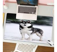 QRFASFZO Mouse Pad 31.5 × 12 inch Extended Large Mouse Mat Desk Pad, Stitched Edges Mousepad,Non-Slip Rubber Base,Portrait black and white Siberian husky standing against the blue,Gaming Mouse Pad XL