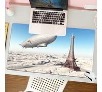 QRFASFZO Mouse Pad 31.5 × 12 inch Extended Large Mouse Mat Desk Pad, Stitched Edges Mousepad,Non-Slip Rubber Base,Paris Decor,Zeppelin and Eiffel Tower over Clouds Sky Dreamy,Gaming Mouse Pad XL