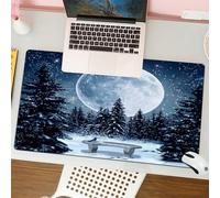 QRFASFZO Mouse Pad 31.5 × 12 inch Extended Large Mouse Mat Desk Pad, Stitched Edges Mousepad,Non-Slip Rubber Base,Winter night view, forest under the huge moon, with a blue bird o,Gaming Mouse Pad XL
