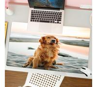 QRFASFZO Mouse Pad 31.5 × 12 inch Extended Large Mouse Mat Desk Pad, Stitched Edges Mousepad,Non-Slip Rubber Base,Golden retriever dog sitting on the beach by the sea,Gaming Mouse Pad XL