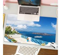 QRFASFZO Mouse Pad 31.5 × 12 inch Extended Large Mouse Mat Desk Pad, Stitched Edges Mousepad,Non-Slip Rubber Base,White architecture in Santorini island Greece. Flowers on the ter,Gaming Mouse Pad XL