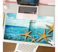 QRFASFZO Mouse Pad 31.5 × 12 inch Extended Large Mouse Mat Desk Pad, Stitched Edges Mousepad,Non-Slip Rubber Base,Painted style of blue tones artwork, lighthouse and golden starfi,Gaming Mouse Pad XL