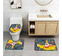 QRFASFZO Non Slip 3 Pieces Bath Mats and Toilet Mat Set Super Water Absorbent Bath Rug Shaggy Shower Floor Mats for Bathroom,Yellow Submarine The Beatles Rock Band Illustration