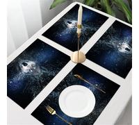 QRFASFZO Table Mats Set of 6, Place Mats Table Placemats Washable Non-slip Heat Insulation Woven Vinyl for,mysterious wolf with dazzling blue eyes emerges from a dark, scattered background,12x18 in