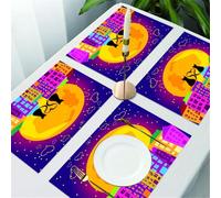 QRFASFZO Table Mats Set of 6, Place Mats Table Placemats Washable Non-slip Heat Insulation Woven Vinyl for,Animal Decor,Cats on the Roof with Heart Shaped Tales Watching the Moon Light at Ni,12x18 in