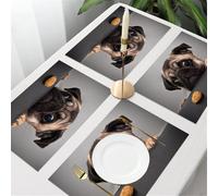 QRFASFZO Table Mats Set of 6, Place Mats Table Placemats Washable Non-slip Heat Insulation Woven Vinyl for,Animal, a cute pug with expressive eyes longing to stare at snacks on a dark surfac,12x18 in